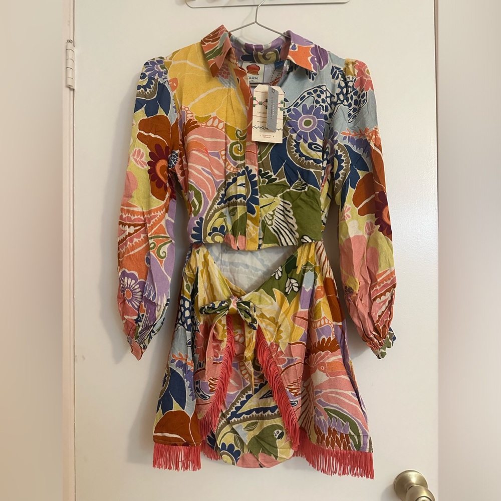 Anthropologie Multicolor Floral Cotton Blend Dress with Fringe